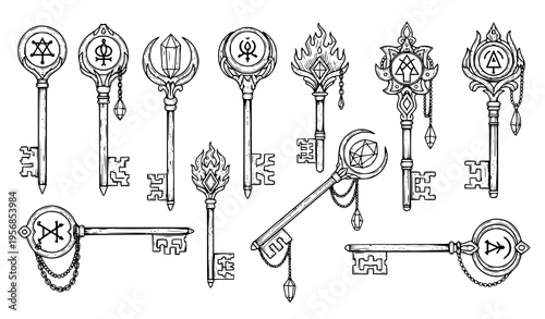 Ornate Magical Keys Engraving Style Black and White Vector Illustration Collection