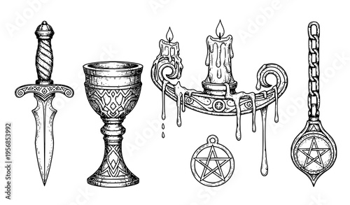 Arcane Ritual Tools Black and White Engraving Vector Illustration Fantasy Set