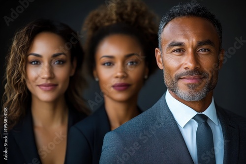 three business professionals in dark suits standing in a studio with serious, confident posture against a dark background