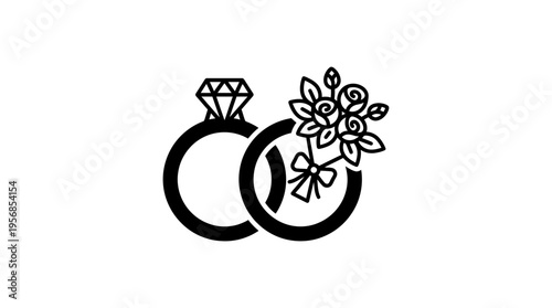 Wedding Rings And Floral Bouquet Icon