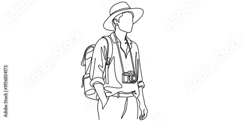 Continuous Line Drawing of a Traveler with Backpack and Camera