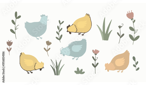 Hand drawn cute chickens with flowers farm doodle vector