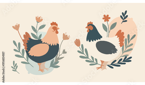 Cute chicken farm pattern with flowers vector illustration