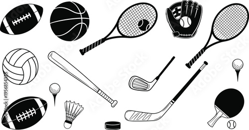 Sports Equipment Icon Set with Football, Basketball, Tennis Racket, Baseball Bat, Hockey Stick, Volleyball, Golf Ball, and Fitness Game Symbols