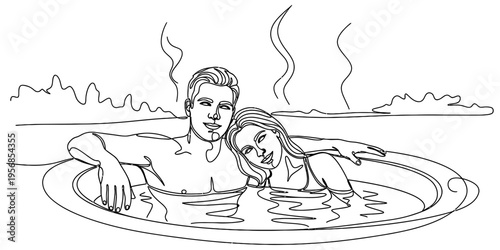 Continuous line drawing of romantic couple relaxing in hot tub