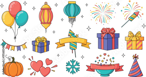 Fotografie Festive Celebration Icon Set Featuring Balloons, Lanterns, Fireworks, Gift Boxes