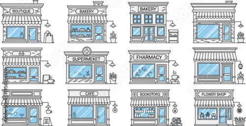 Storefront Building Icon Set with Small Business Shop Facades, Retail Outlets, Restaurant Fronts, and Urban Commercial Exterior Collection