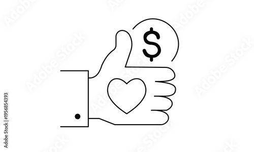 Customer satisfaction and donation concept hand with thumb up heart and dollar coin icon.Editable stroke, Vector illustration, Line art Icon, Symbols.