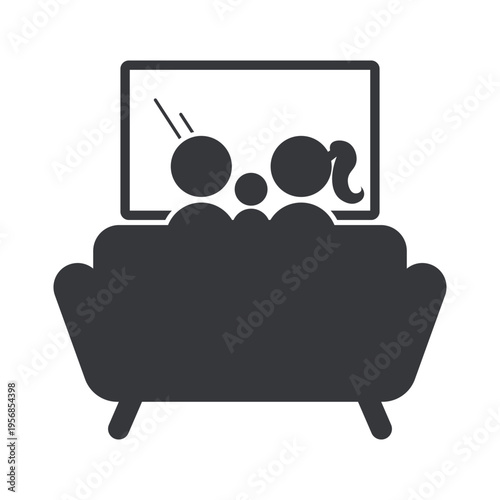 Isolated monochrome pictogram of parent and child sitting on sofa watching television representing family time, bonding, relaxation, and home entertainment activity
