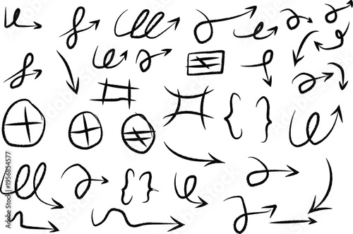 Collection of hand-drawn arrows and symbols, including circles, brackets, and various arrow designs, perfect for graphic design and informational graphics