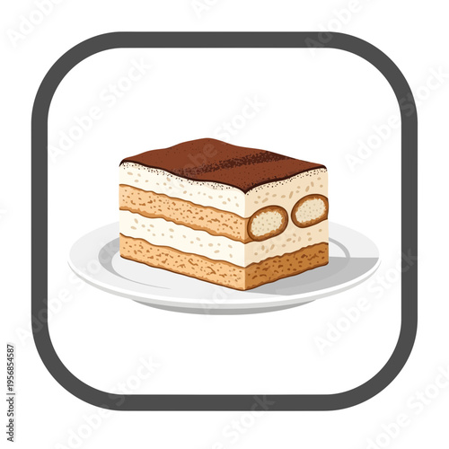 Delicious tiramisu cake slice on a white plate, a classic Italian dessert illustration