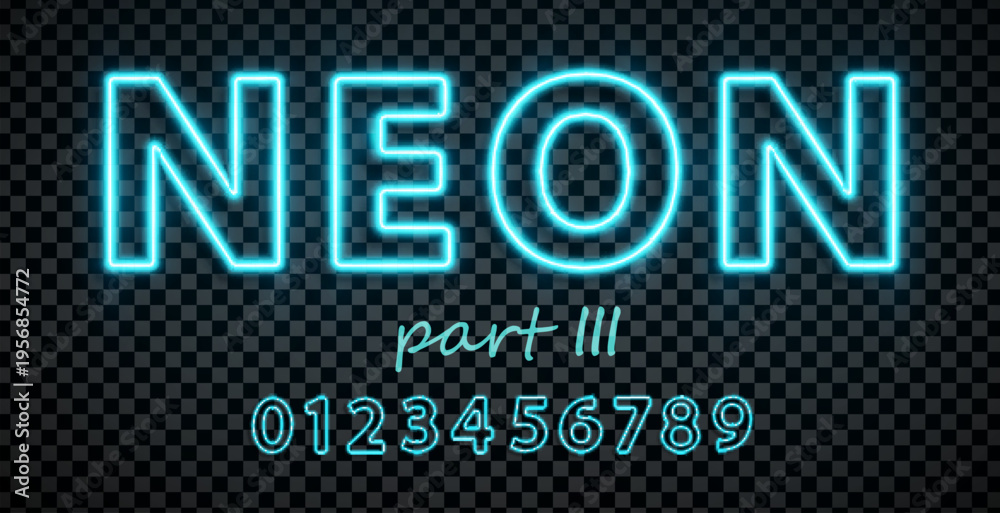 Fototapeta premium Cyan font made with led neon tube isolated on transparent background. Part 3 Light glowing effect numbers. Detailed vector illustration