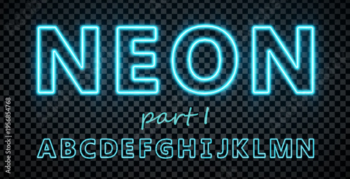 Cyan font made with led neon tube isolated on transparent background. Part 1. Light glowing effect numbers. Detailed vector illustration