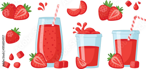 Strawberry Juice Drink Collection with Fresh Berries, Glasses, and Splashes Vector Illustration for Summer Beverage Design, Healthy Refreshment Concepts, and Smoothie Themes
