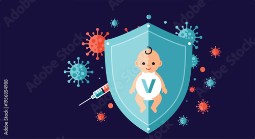 Illustration of a baby protected by a shield with a vaccination needle and colorful virus particles around, symbolizing world immunization week with a safe and healthy mood