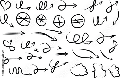 Collection of Hand-Drawn Arrows and Symbols on a White Background, Illustrating Direction and Connection