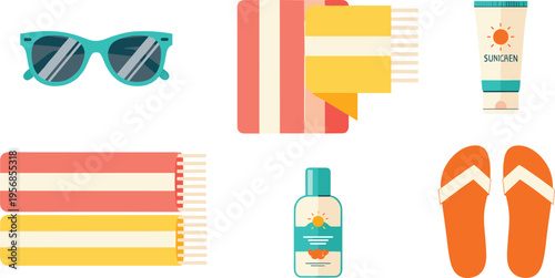 Summer Beach Essentials Set with Sunglasses, Towels, Sunscreen, Flip Flops, and Skincare Bottle, Vacation Holiday Items Collection for Travel and Relaxation Vector Illustration