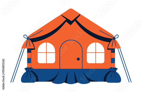 Orange and blue canvas tent with guylines and weights, cartoon style camping shelter