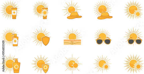 Summer Sun Icon Vector Set with Drinks Sunglasses Hats Clouds and Seasonal Sunshine Symbols for Vacation and Hot Weather Design