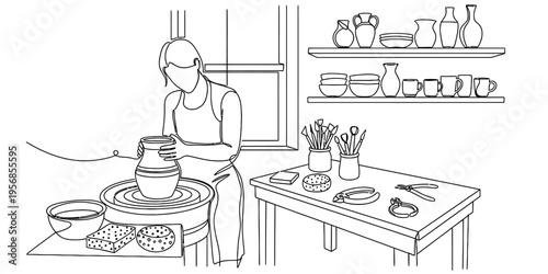 Continuous One Line Drawing of Male Potter Working on Pottery Wheel