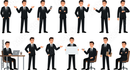businessman character set with multiple poses, corporate male office worker actions, professional business man gestures collection, workplace situations vector illustration