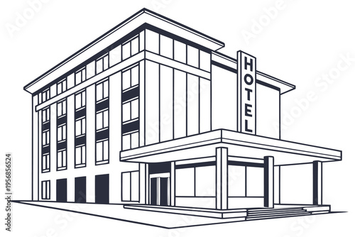 Modern hotel building exterior with entrance canopy and sign