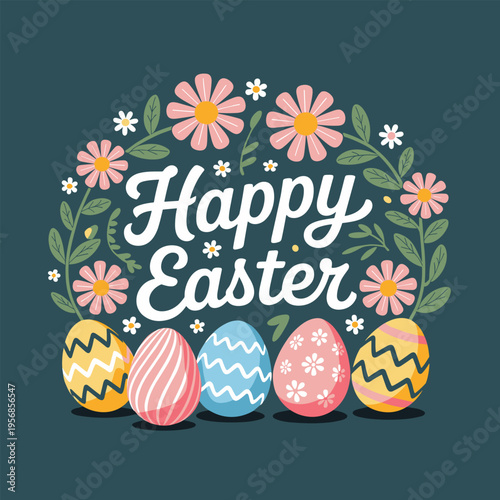 Happy Easter Greeting with Decorative Eggs and Floral Wreath Flat Design Illustration