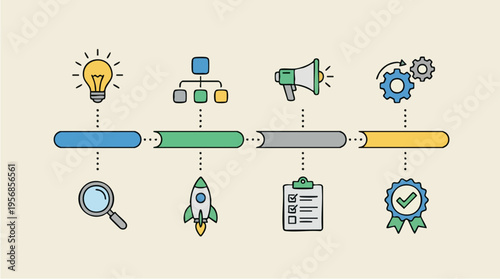 Business Process Timeline Illustration with Icons Displaying Idea, Planning, Marketing, Development, and Completion Stages