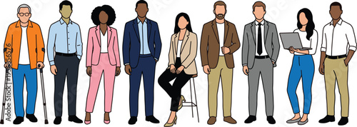 diverse business people standing together, multicultural professional team including disabled person with crutches, workplace diversity and inclusion concept illustration