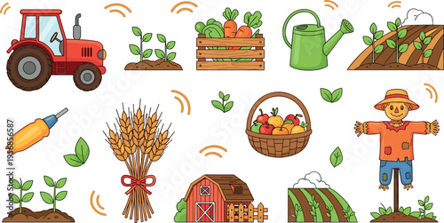 Farm Agriculture and Harvest Elements Illustration Set Featuring Tractor, Crops, Watering Can, Barn, Wheat Bundle, Vegetable Basket and Scarecrow Farming Icons