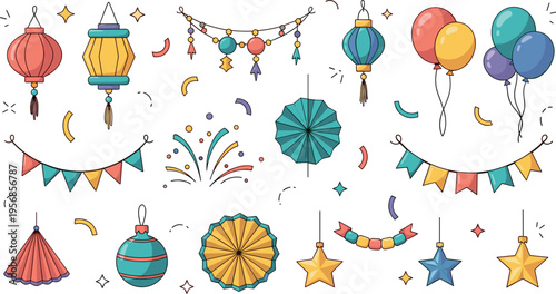 Festive Party Decoration Elements Collection Featuring Colorful Lanterns, Balloons, Bunting Flags, Fireworks, Paper Fans, Hanging Stars and Celebration Ornaments for Event Design