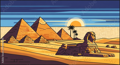 Pyramids and Sphinx Desert Landscape.