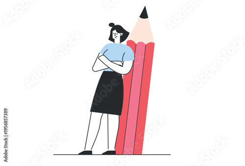 Creative woman leaning against a giant red pencil.