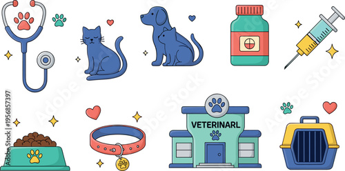Veterinary Clinic and Pet Care Icon Set Featuring Dog, Cat, Stethoscope, Medicine Bottle, Syringe, Pet Food Bowl, Carrier and Animal Hospital Elements