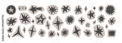 Hand-drawn star doodles with crayon texture and pastel chalk elements create a whimsical collage perfect for kids' creative projects and magical scrapbook designs. Vector illustration.