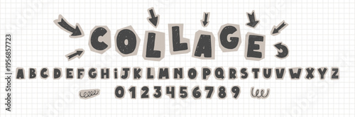 Vintage paper alphabet stickers with retro cutout letters, torn edges, and collage aesthetic. Arrows with crayon, pencil or chalk texture.