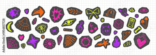 Hand-drawn doodle sticker pack with punk rock tattoos, lightning bolts, flames, skulls, and graffiti hearts in urban street art style with pastel or chalk texture. Vector illustration.