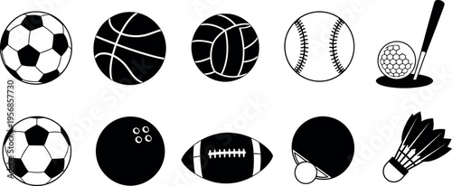 Collection of various sports equipment icons including balls and rackets
