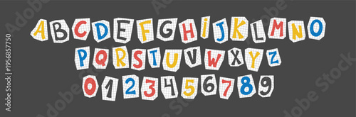 Vintage paper alphabet stickers with retro cutout letters, torn edges, and collage aesthetic. Colorful elements with crayon, pencil or chalk texture. Vector illustration.