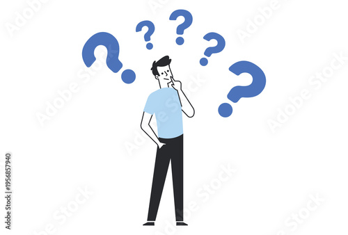 Thinking Man Surrounded by Floating Blue Question Marks.