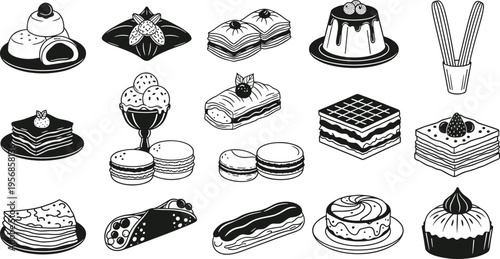 Variety of Sweet Desserts and Pastries Collection, Including Cakes, Ice Cream, Macarons, Eclairs, and More for Party and Bakery Designs