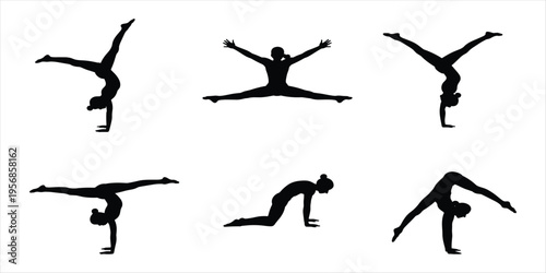 Six black silhouettes of a gymnast performing various poses on a white background gymnastics flexibility
