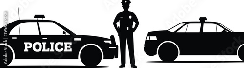 Silhouettes of two police cars and a police officer on a white background untitled illustration