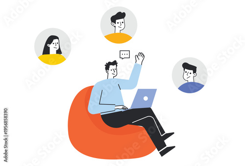 Remote worker sitting in bean bag chair using laptop for video conference call.