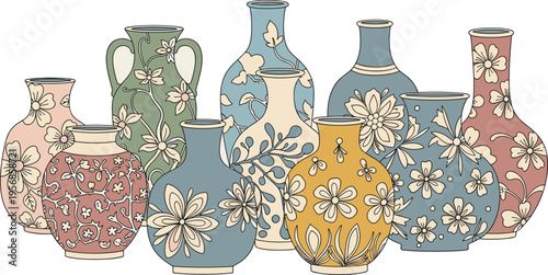 Vintage Floral Ceramic Vases Collection with Decorative Patterns, Antique Pottery Designs for Home Decor, Interior Styling, and Elegant Vector Illustration Set