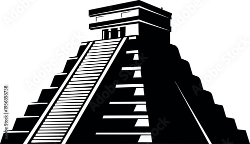 A striking black and white illustration of a mayan pyramid structure