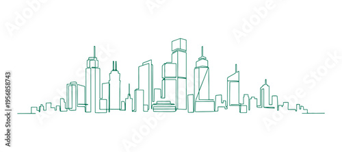 Flat modern urban landscape with skyscraper buildings and flowing continuous lines.