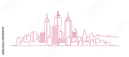 Modern cityscape illustration with flat skyscraper silhouettes and clean geometric lines.