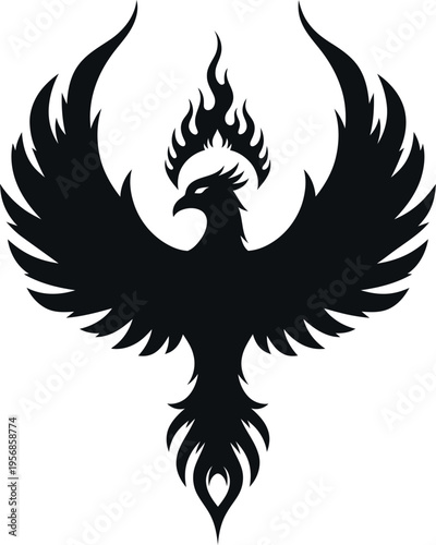 A striking black silhouette of a phoenix rising from stylized flames