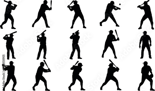 A collection of 12 black silhouettes of a person swinging a baseball bat in various dynamic poses against a white background